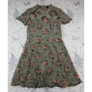 EUC The Kooples 100% Silk Olive Green embroidered shher chest Floral Dress XS